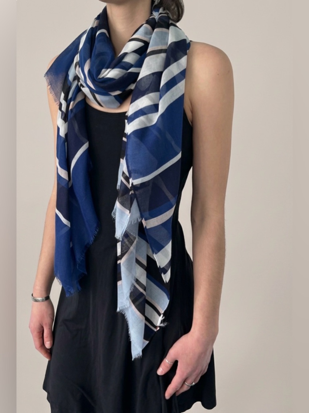 Lightweight Soft Oversized Shawl Scarf • Soft Shades of Blue & Cream Stripes